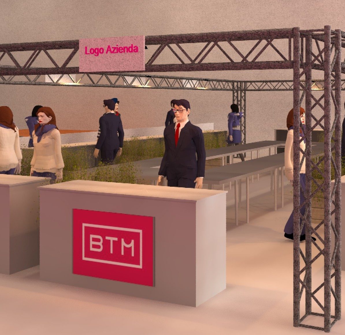 Render della postazione BTM Gusto 2×2: desk con pannello logo e area espositiva