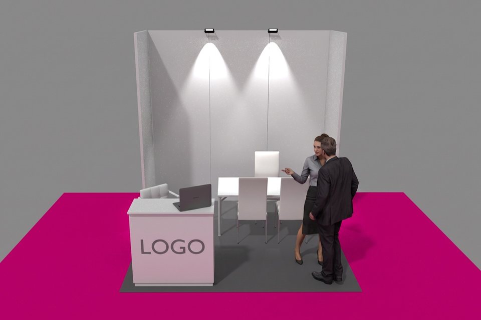 Render dello stand 3×3 del Pacchetto Sponsor Base