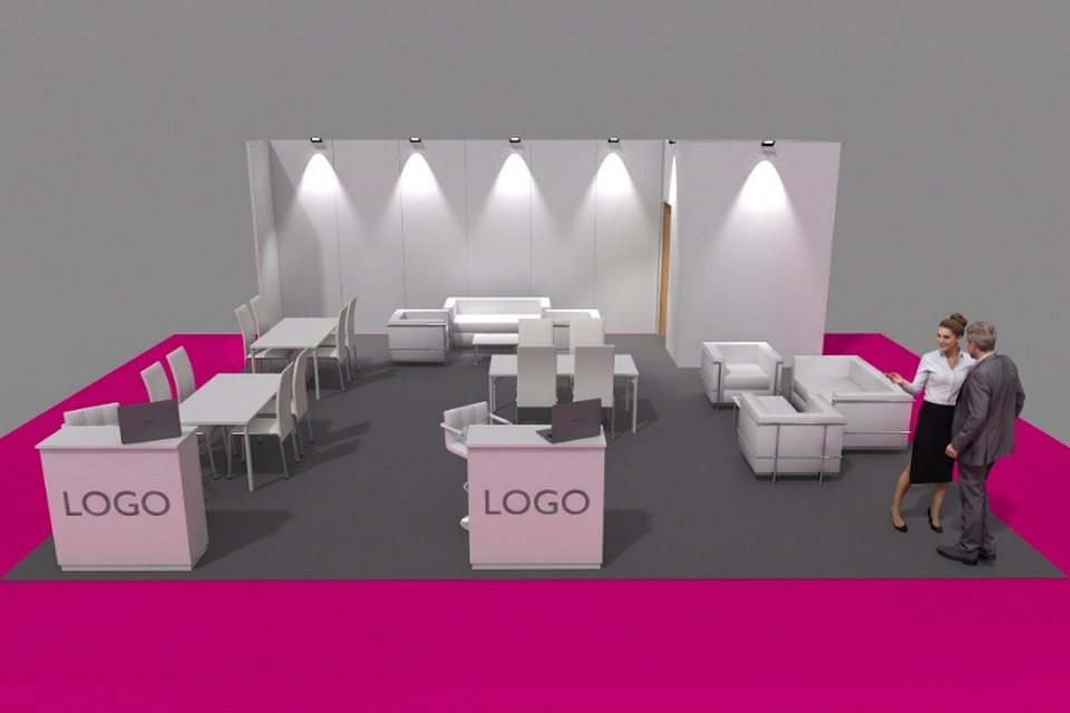 Render dello stand 8×8 del Pacchetto Main Sponsor Gold