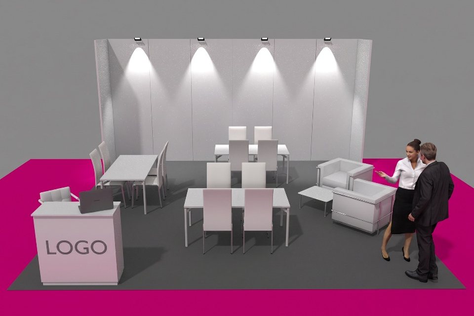 Render dello stand 6×6 del Pacchetto Main Sponsor Silver