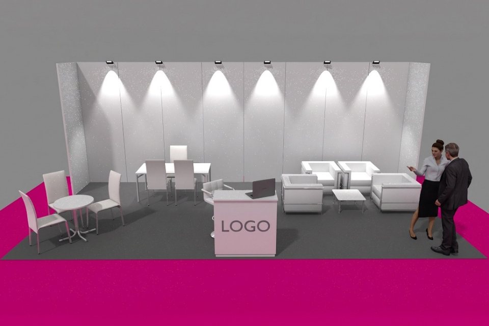 Render dello stand 4×8 del Pacchetto Sponsor Pro Evolution