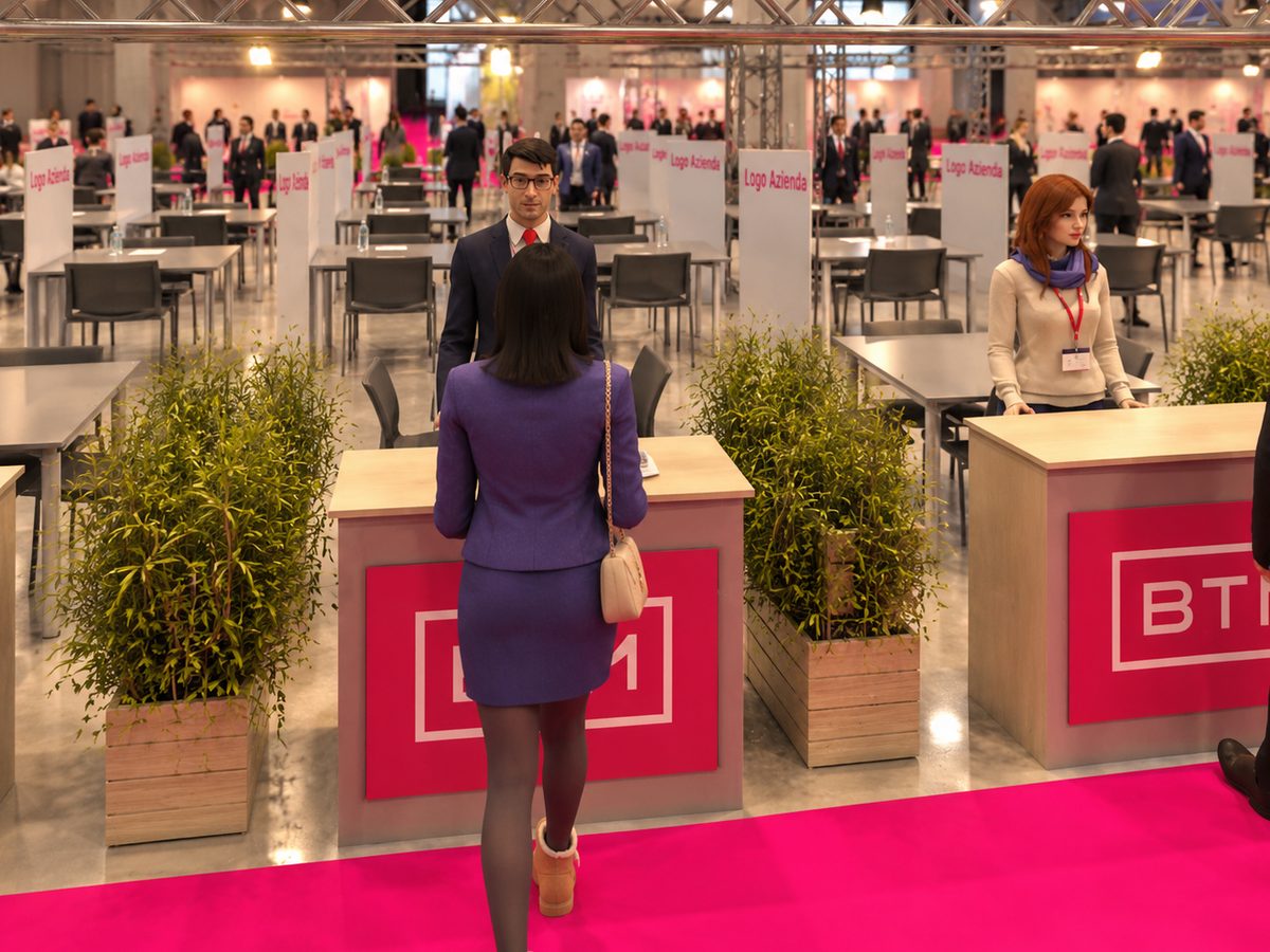 Render of the T-Trade 2×2 stand: desk with logo, planter dividers and carpet