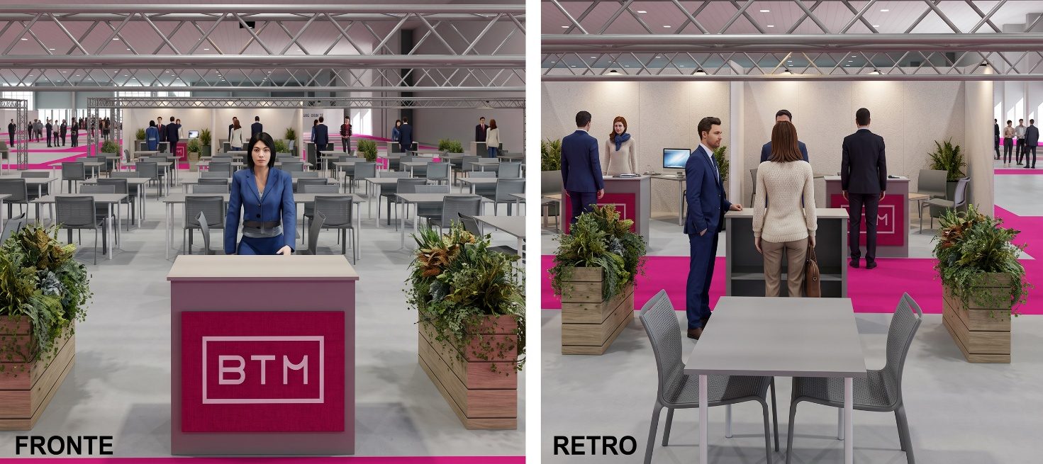Render della postazione T-Trade 3×3, vista fronte e retro