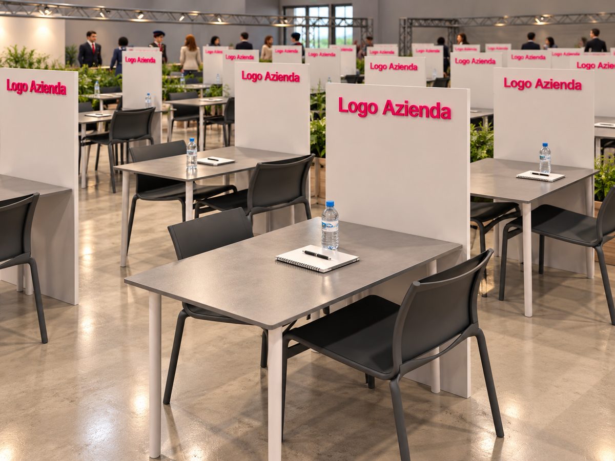 Render of the T-Trade B2B area: tables with two chairs and a panel with the company logo